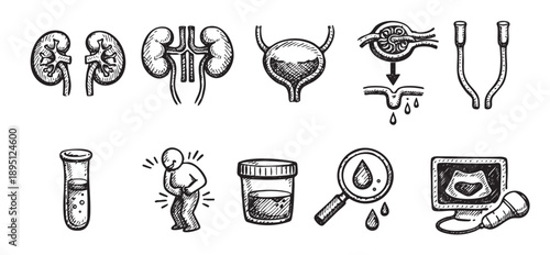 A hand-drawn sketch of icons representing urology health, including kidneys, bladder, test tube, pain, and medical equipment, suitable for medical and healthcare concepts.