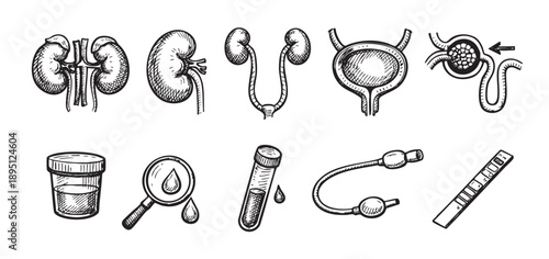 Hand drawn doodle illustration of the human kidneys, bladder, and urine testing elements for healthcare and medical educational material.