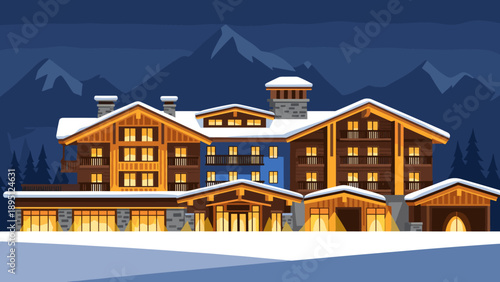 Cozy winter chalet at night with snow-capped peaks in background