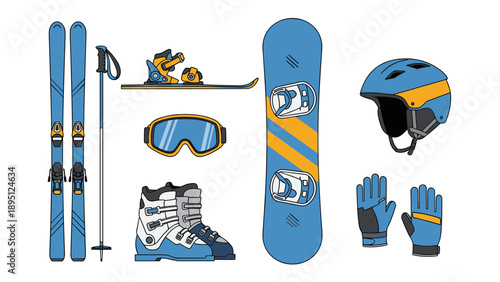 Winter sports gear: ski and snowboard equipment in blue and yellow design