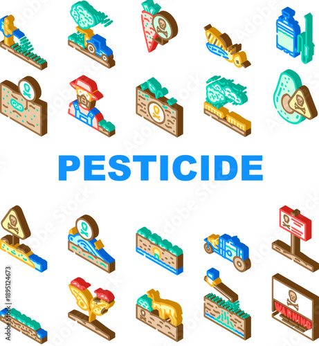 Pesticide icons set showing farm practices, crops and equipment related to herbicides, insecticides and fungicides, warning of contamination, health and environmental risks in agriculture