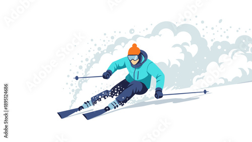 Dynamic skiing action in winter scene with snowflakes and speed