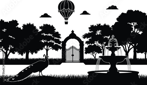 Black and white illustration of a serene garden scene