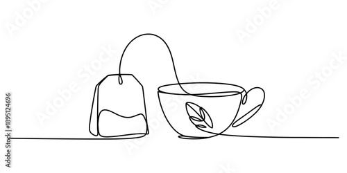 Minimalist continuous line drawing depicting a teabag and a teacup on a simple background Vector, illustration