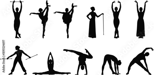 Silhouette collection of ballet dancers, gymnasts and fitness poses showing flexibility, balance and strength, isolated black figures on white background