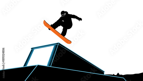 Silhouette snowboarder performing jump on ramp with dynamic motion