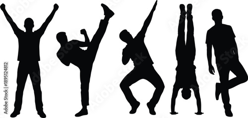 Dynamic human silhouette vector set featuring expressive poses, dance movements, martial arts stances, gymnastics positions, celebratory gestures, black outlines for modern design projects