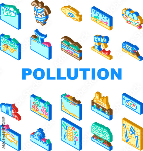 Set of isometric icons illustrating various forms of water and environmental pollution, depicting pollution sources, effects on marine life, and ecological problems