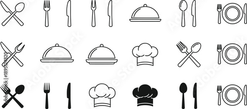 Food and culinary icon vector set featuring cutlery, chef hats, serving dishes, place settings, black and white outlines, restaurant design elements for creative projects