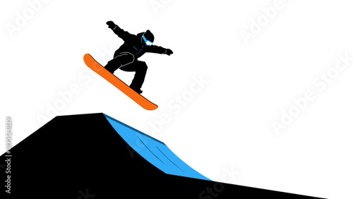 Dynamic silhouette of snowboarder jumping off a ramp against a white background