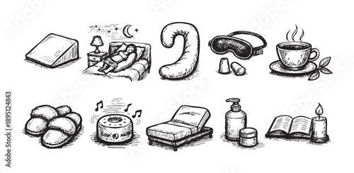 Black and white sketched illustration of sleep accessories including pillow, mask, toiletries, hot drink, humidifier, and sound machine, representing a good night's sleep and relaxation.