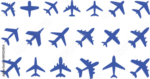 Collection of blue airplane silhouettes on white background