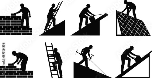 Roof Construction Worker Silhouette Set Collection of Building Repair Labor Men Working on Roof Ladders Job Icons Vector Illustration