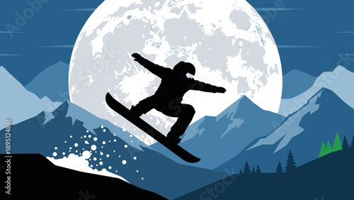 Snowboarder silhouette jumping against full moon over mountain landscape