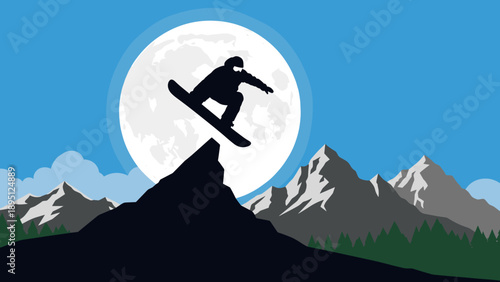 Snowboarder silhouette jumping over mountain against full moon