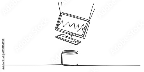 Continuous line drawing of a computer and jar representing digital data transfer Vector, illustration
