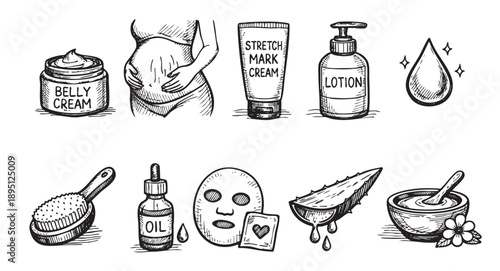 Hand drawn sketch illustration features pregnancy belly, belly cream, stretch mark cream, lotion, and other beauty products for skincare during pregnancy.