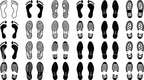 Vector collection of diverse footprint and shoe print icons including bare feet, sneakers, boots, and formal shoes, ideal for forensic, tracking, fashion, and design projects