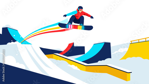 Snowboarder performing colorful trick on winter terrain park with dynamic ramps