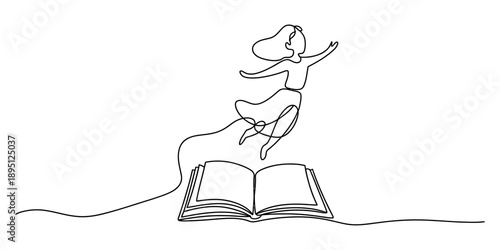 Continuous line art of a woman leaping from an open book, symbolizing freedom and imagination isolated on white background, Vector, illustration