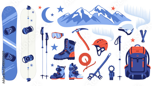 Winter sports gear collection for outdoor adventures and mountain exploration