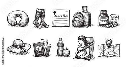 Hand-drawn vector illustration of pregnancy travel essentials including pillow, socks, passport, vitamins, and a woman in a car. Ideal for travel, pregnancy, and health content.