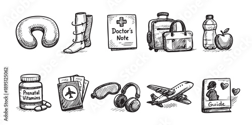 Hand-drawn style illustration representing pregnancy travel essentials like neck pillow, prenatal vitamins, passport, compression socks, and a travel guide for expecting mothers.