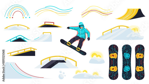 Snowboarder in action with winter sports elements and snow park features
