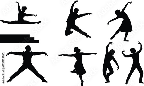 Silhouette set of ballet and modern dancers performing dynamic jumps and expressive movements, athletic dance poses isolated on white background