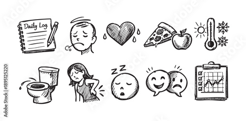 A collection of hand-drawn black and white icons illustrates diverse daily life aspects, health conditions, and emotions. The illustration includes a daily log, a sick person with a thermometer.