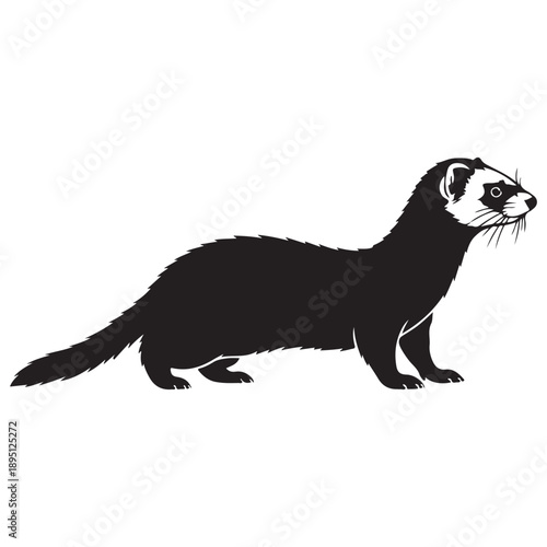 Black Silhouette of a Ferret Standing on a White Background