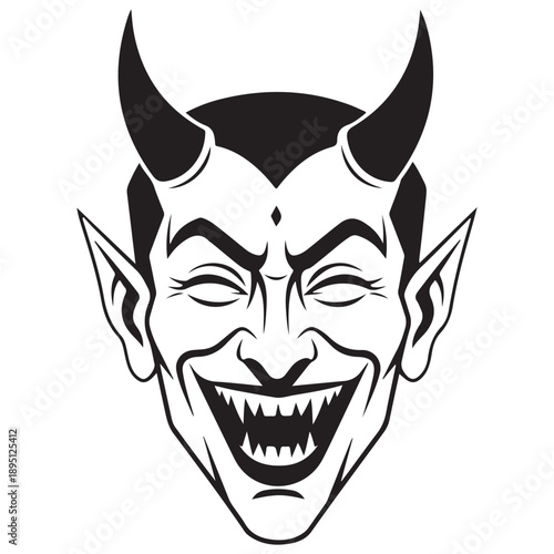 Sinister Grinning Devil Head with Horns, Pointed Ears, and Sharp Teeth