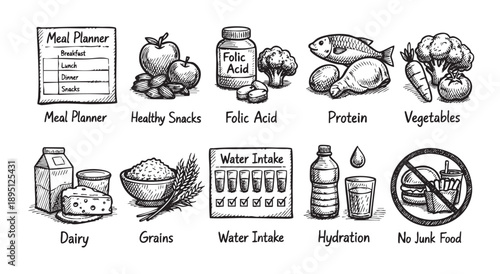 Hand-drawn style icons showcasing healthy food choices, meal planning, hydration, and avoiding junk food on white background, perfect for health and wellness resources.