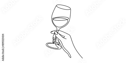 Hand holding a wine glass in a minimalist continuous line art style illustration on a white background isolated on white background, Vector, illustration