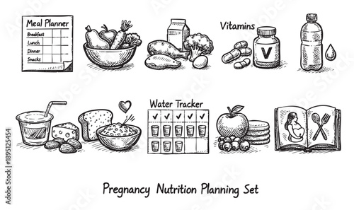 Hand-drawn illustration of pregnancy nutrition planning elements like meal plans, water trackers, and healthy food in sketch style. Suitable for pregnancy and health content.