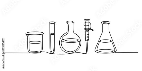 One continuous line drawing of chemistry laboratory glassware and equipment on a white background. isolated on white background, Vector, illustration