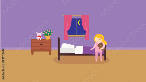 Girl with a doll in the bedroom. Vector illustration in flat style