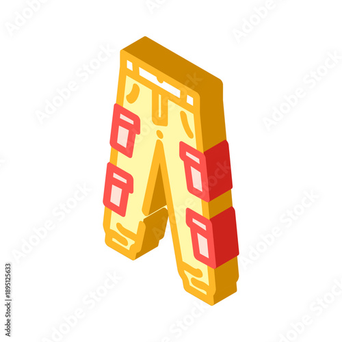 Cargo pants featuring multiple functional pockets, designed in an isometric vector style, representing practical streetwear and versatile outdoor clothing for active individuals