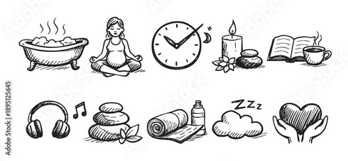 Spa and wellness line art icons including a pregnant woman meditating, bath, aromatherapy and relaxation, depicted in a sketch style, isolated on white.