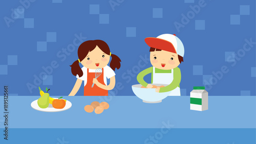 Girl and boy cooking together in the kitchen. Vector illustration in flat style.