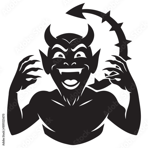 Grinning Demon Silhouette with Horns, Fangs, and Spiked Tail