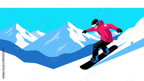 Colorful snowboarder in motion against mountain landscape with bright blue sky