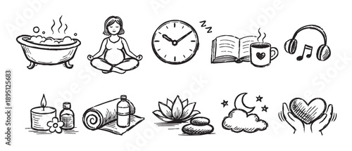 A collection of hand-drawn icons representing various aspects of wellness, including relaxation, meditation, sleep, and self-care, perfect for health and lifestyle content.