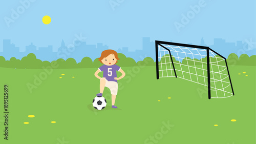 Illustration of a boy playing soccer on the field. Vector illustration