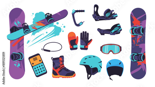 Winter sports gear collection: snowboards, helmets, and accessories