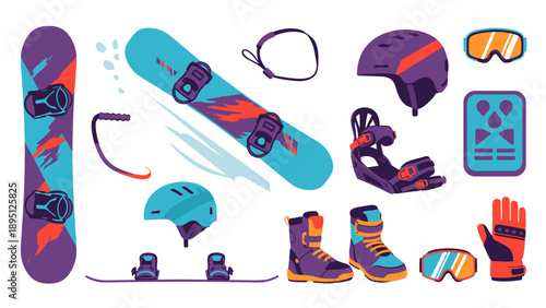 Colorful flat style snowboarding equipment collection with helmets and boots