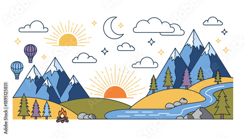 Mountain landscape with sunrise, hot air balloons, and river in linear style