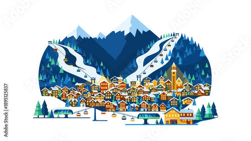 Colorful winter resort town amidst snowy mountains with ski lifts