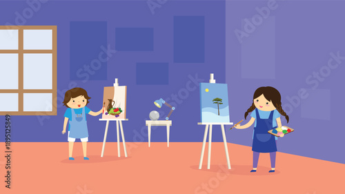 Girl painting a picture on easel in the room. Vector illustration