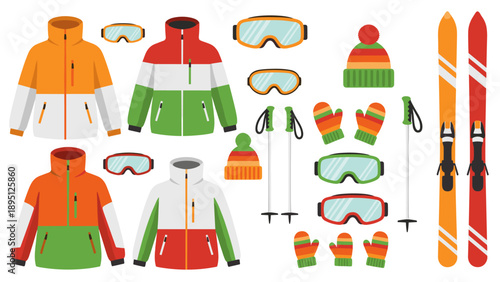 Winter ski gear set with colorful jackets, skis, goggles, and accessories in flat design